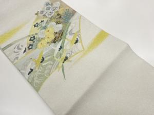 綴れ群鶴に草花模様織出し名古屋帯